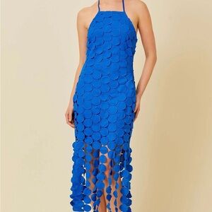 CIRCLE FRINGE CROCHET FLOCKING MIDI DRESS